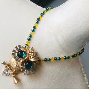 Handcrafted repurpose emerald eye large owl pendant Czech glass Pearl necklace